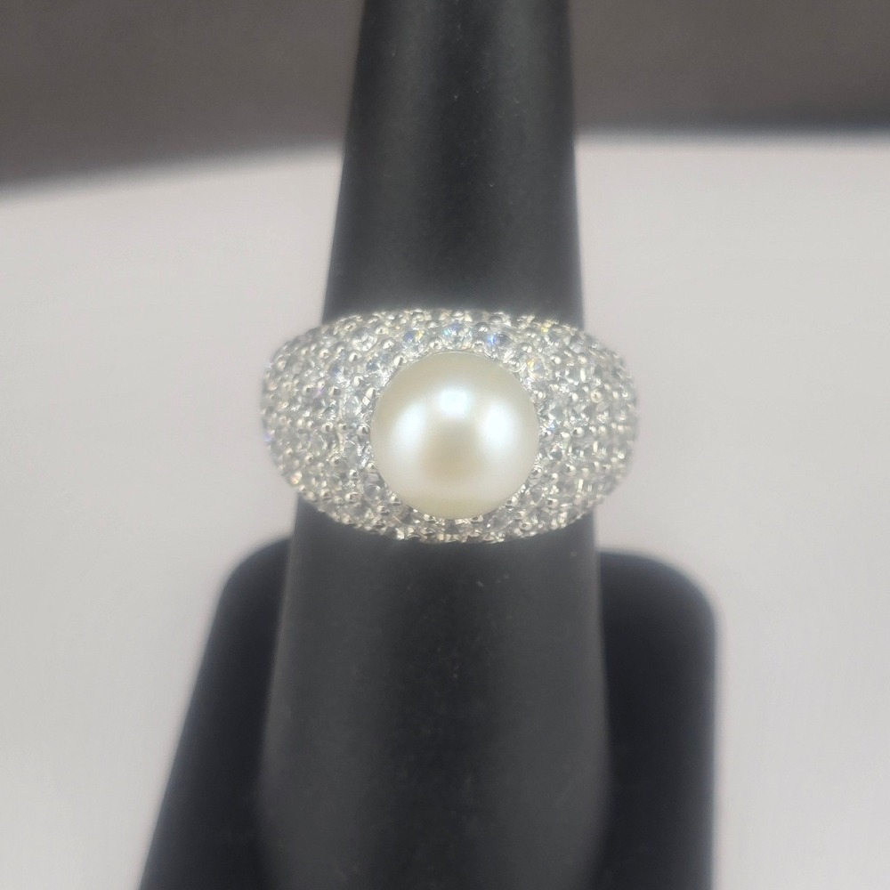 Estate Ring White Pearl Pave Cubic Zirconia Sterling Silver 7